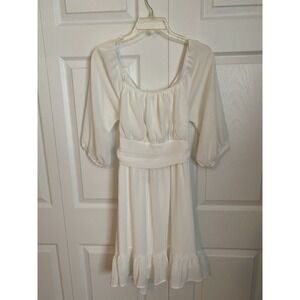 DOKOTOO A-Line Dress White Ruffle Hem Chiffon Tie Puff Sleeve Square Neck M